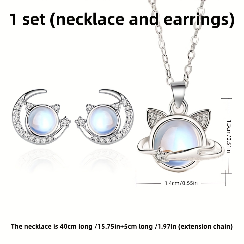 Moonstone Interstellar Cat Necklace & Earrings Set